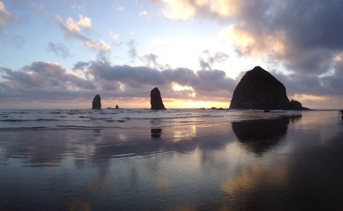 haystack rock sunset pano