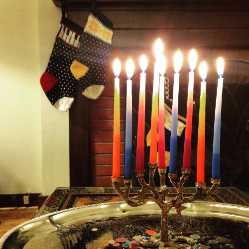 menorah and christmas stockings