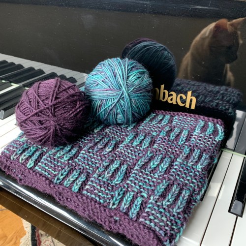 Knit cowl with cat in reflection