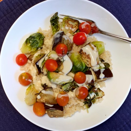 Quinoa bowl with brussels sprouts and eggplant