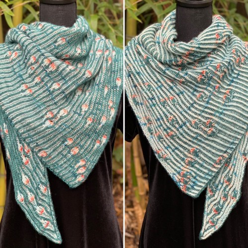 Right and wrong sides of Peekaboo shawlette showing reversible motifs