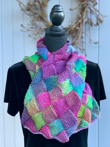 Minerva entrelac scarf knit with Berroco Wizard yarn