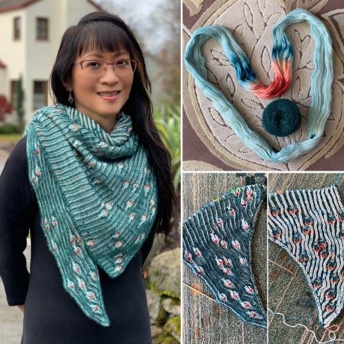 Peekaboo Shawlette (brioche plus assigned pooling/algorithmic knitting) and assigned pooling yarn