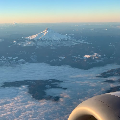 Mount Hood at dawn as seen from an airplane