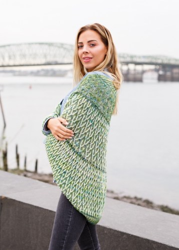 Woman wearing Both Sides Now brioche shawl