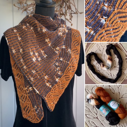 Collage of shawlette, detail of shawlette, and the assigned pooling yarn