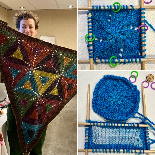 Xandy Peters with a blanket constructed from knitted triangles, and two knitting samples from a class on knitting from the center out