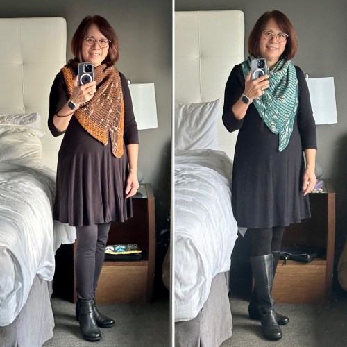 collage of woman wearing two different brioche knitting shawlettes