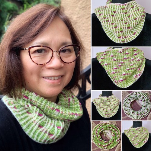 Collage of a brioche plus assigned pooling cowl in shades of green, pink, and white