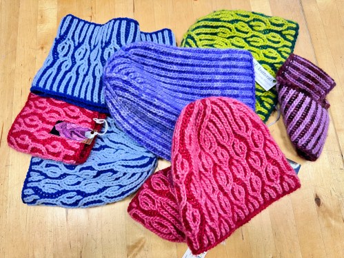 Colorful brioche knit hats an cowls from Brioche Pastiche pattern