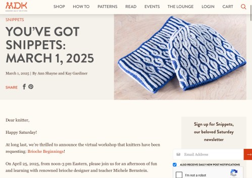 Screenshot from Modern Daily Knitting Website