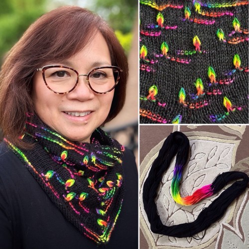 Collage of a black hand knit cowl featuring assigned color pooling
