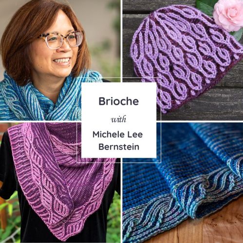 collage of brioche knit accessories with designer Michele Lee Bernstein