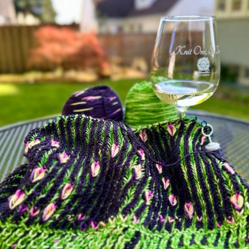 backyard knitting with wine