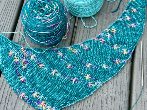 beginning of a boomerang shawl featuring brioche plus assigned pooling