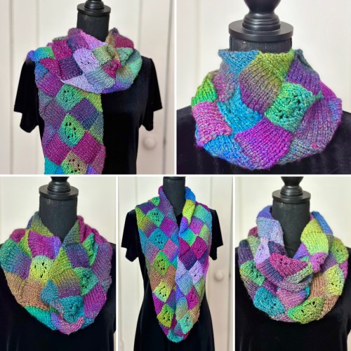 collage of entrelac scarf and cowls 