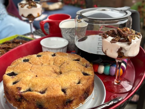 plum torte, yogurt parfait, candied bacon, coffee