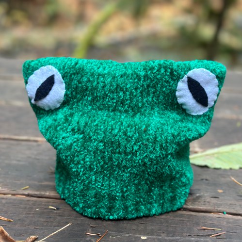 frog hat made from goodwill sweater