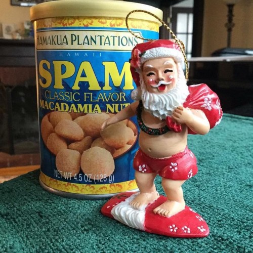 Santa ornament and spam mac nuts
