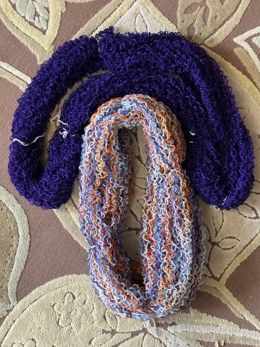 Two hanks of frogged yarn. Kinky!