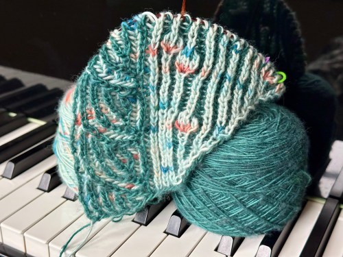 brioche and assigned pooling knitting in greens
