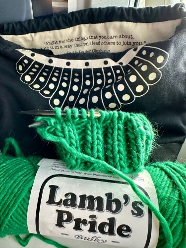 Green knitting and a black and white RBG tribute project bag