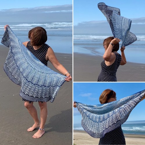 a collage of photos of me on the beach with a hand knit brioche shawl
