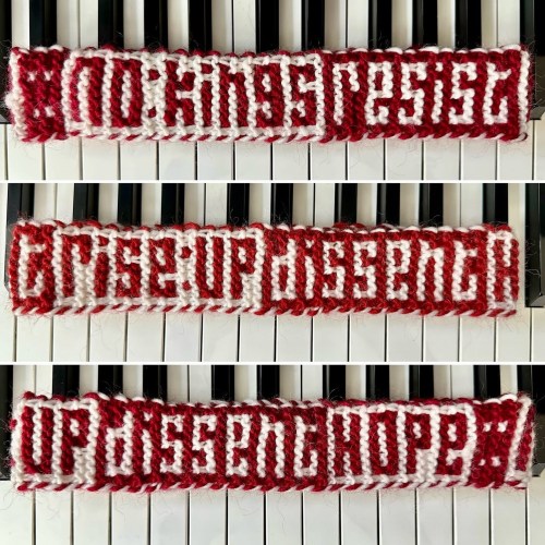 knitting that reads: no kings, resist, rise up, dissent, hope
