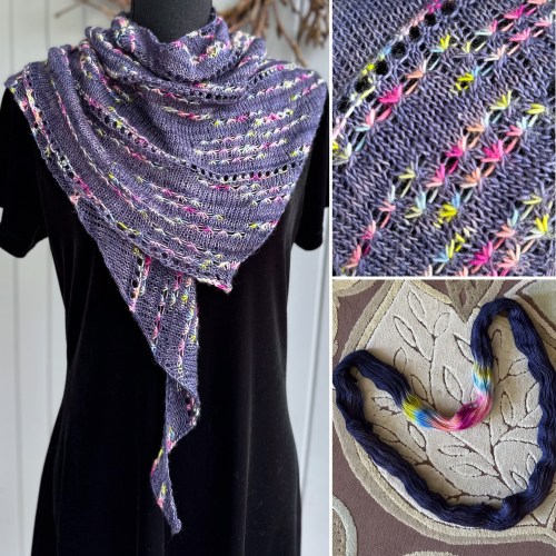 collage of assigned pooling shawl, fabric, and yarn