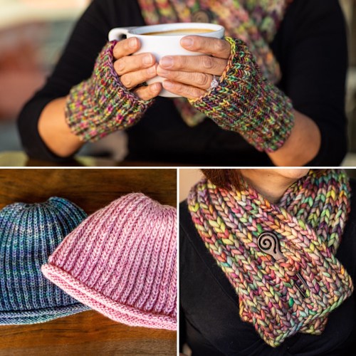 Hello Brioche mitts, hat, scarf