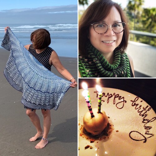 Collage: Birthday cake, brioche shawl, brioche cowl