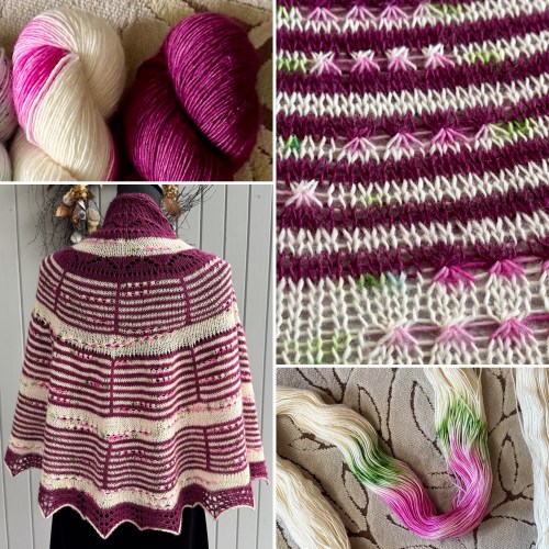 collage of assigned pooling knit shawl, yarn, stitch detail